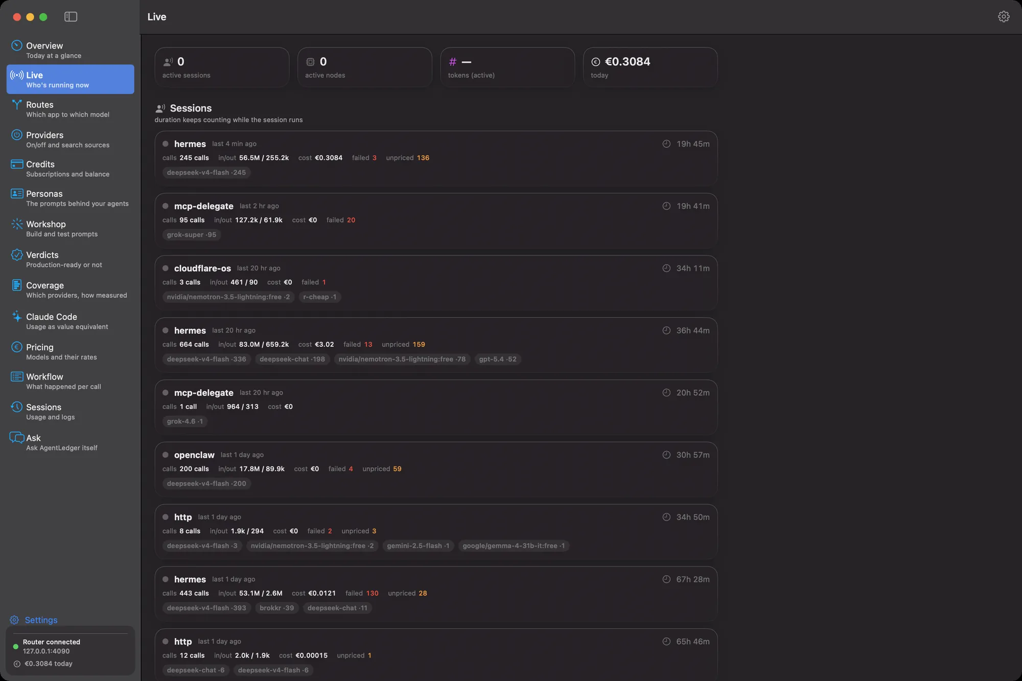 Live screen with active sessions per app