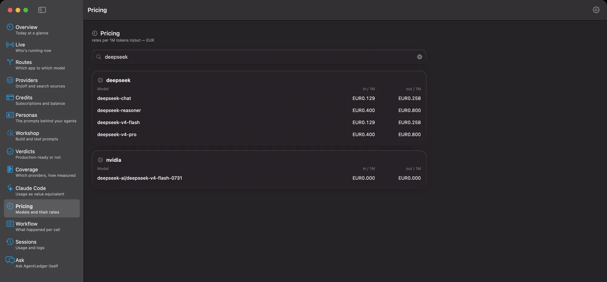Pricing screen filtered on deepseek, with one endpoint listed at EUR 0.000