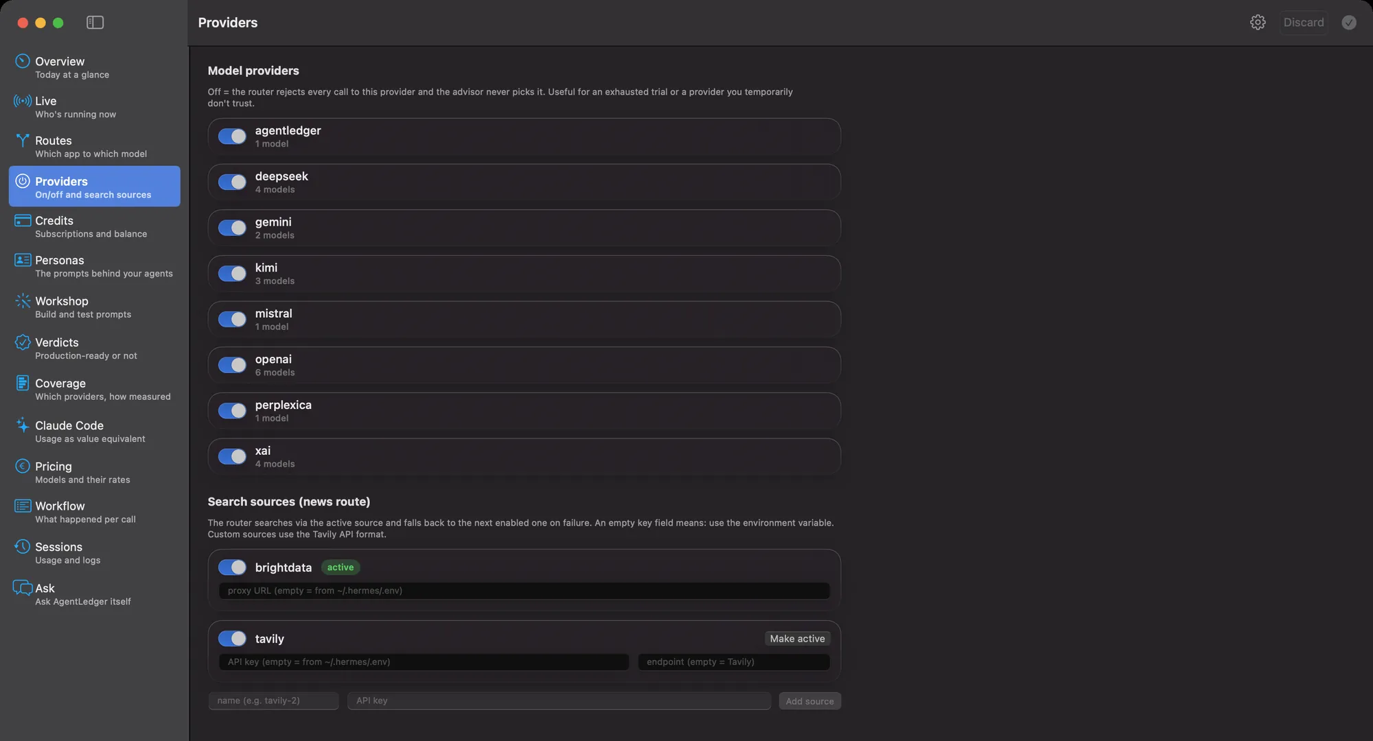 Providers screen with a toggle per provider and the search sources for the news route